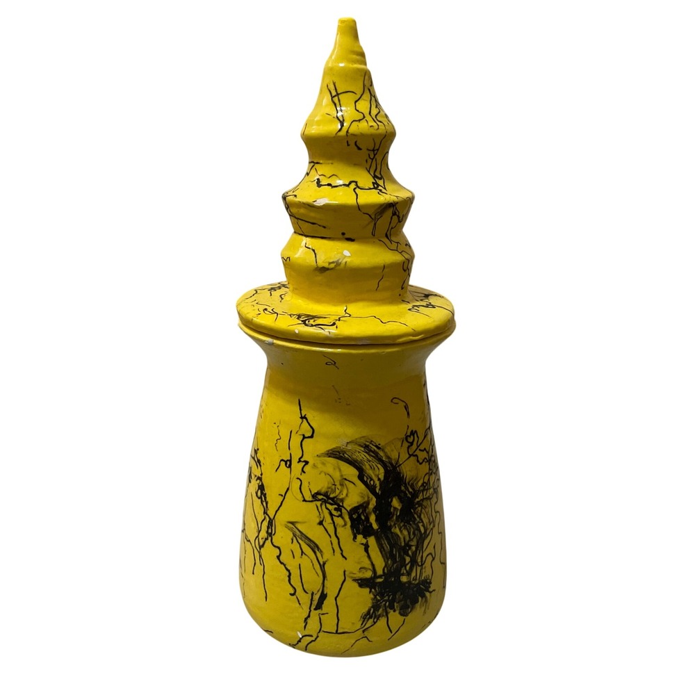 Vintage Yellow Ceramic‎ Jar w/ Lid Incense Apothecary Vase Black Swirl Design